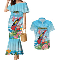 Personalized Antigua and Barbuda Christmas Couples Matching Mermaid Dress and Hawaiian Shirt Windsurfing Santa Caribbean Tropical Style - Wonder Print Shop