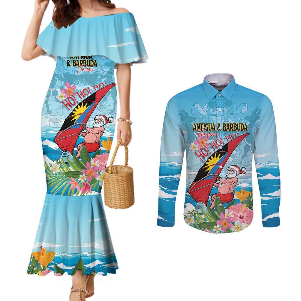 Personalized Antigua and Barbuda Christmas Couples Matching Mermaid Dress and Long Sleeve Button Shirt Windsurfing Santa Caribbean Tropical Style - Wonder Print Shop