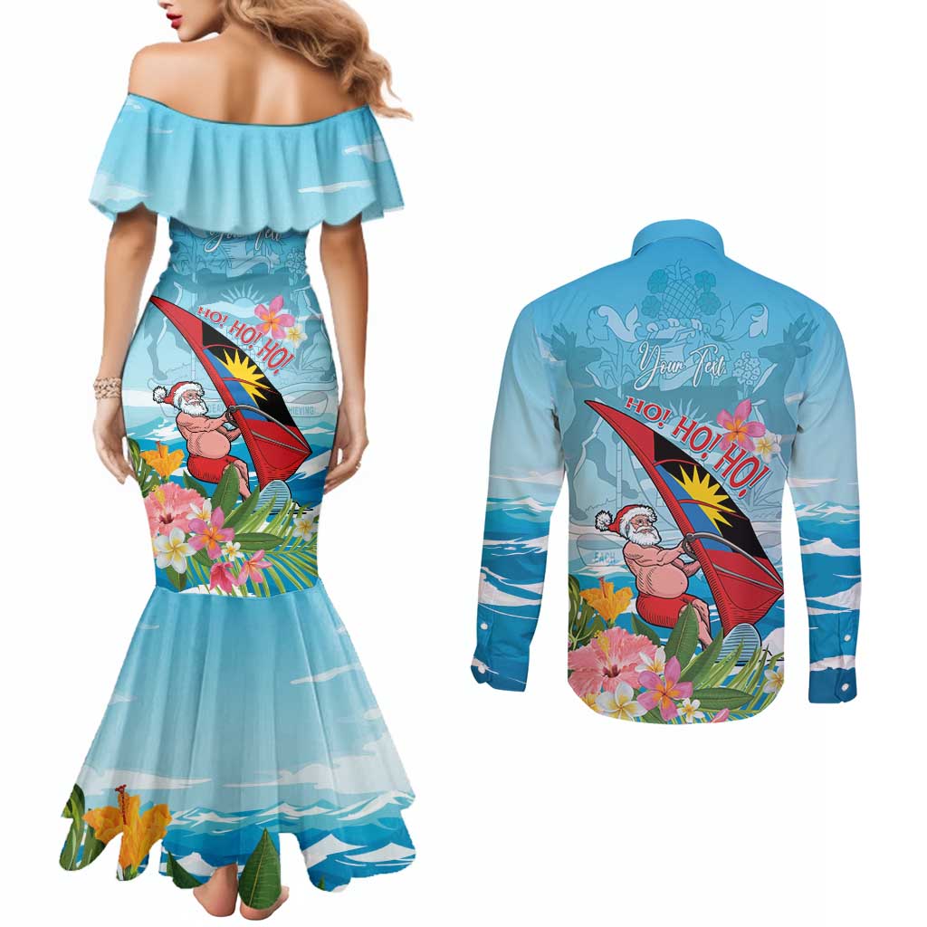 Personalized Antigua and Barbuda Christmas Couples Matching Mermaid Dress and Long Sleeve Button Shirt Windsurfing Santa Caribbean Tropical Style - Wonder Print Shop