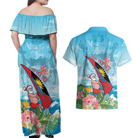 Personalized Antigua and Barbuda Christmas Couples Matching Off Shoulder Maxi Dress and Hawaiian Shirt Windsurfing Santa Caribbean Tropical Style - Wonder Print Shop