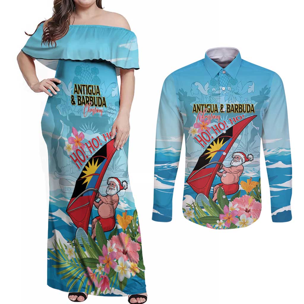 Personalized Antigua and Barbuda Christmas Couples Matching Off Shoulder Maxi Dress and Long Sleeve Button Shirt Windsurfing Santa Caribbean Tropical Style - Wonder Print Shop