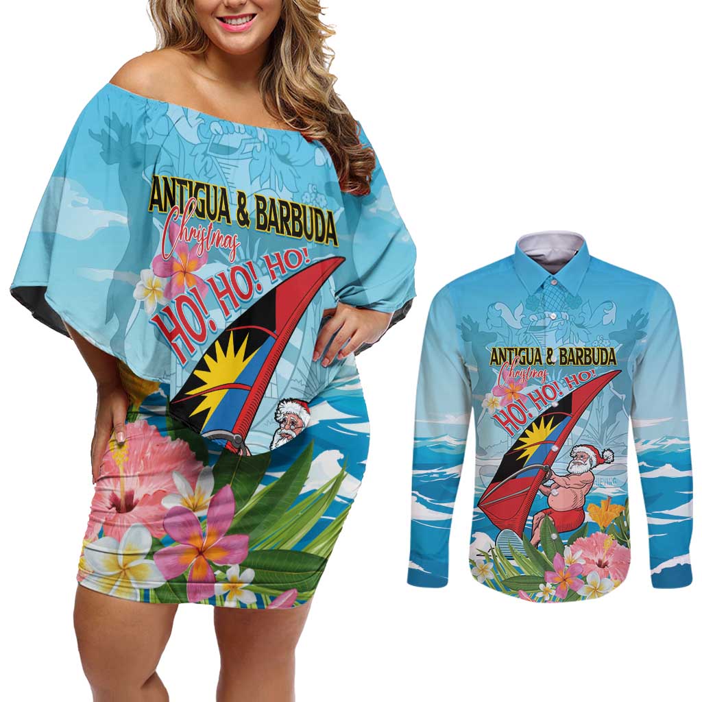 Personalized Antigua and Barbuda Christmas Couples Matching Off Shoulder Short Dress and Long Sleeve Button Shirt Windsurfing Santa Caribbean Tropical Style - Wonder Print Shop