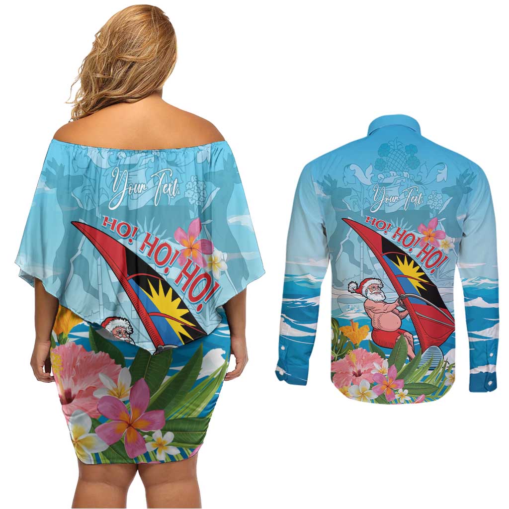 Personalized Antigua and Barbuda Christmas Couples Matching Off Shoulder Short Dress and Long Sleeve Button Shirt Windsurfing Santa Caribbean Tropical Style - Wonder Print Shop