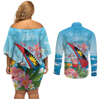 Personalized Antigua and Barbuda Christmas Couples Matching Off Shoulder Short Dress and Long Sleeve Button Shirt Windsurfing Santa Caribbean Tropical Style - Wonder Print Shop