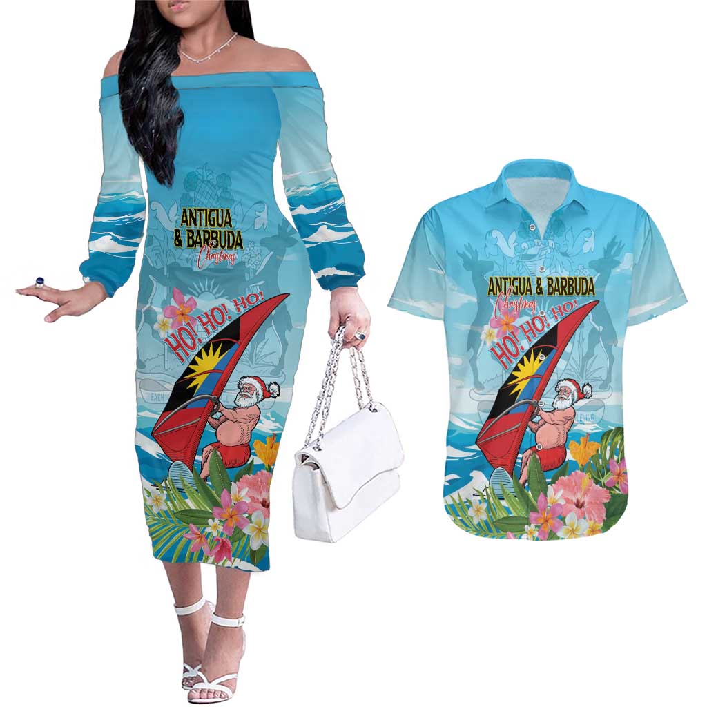 Personalized Antigua and Barbuda Christmas Couples Matching Off The Shoulder Long Sleeve Dress and Hawaiian Shirt Windsurfing Santa Caribbean Tropical Style - Wonder Print Shop