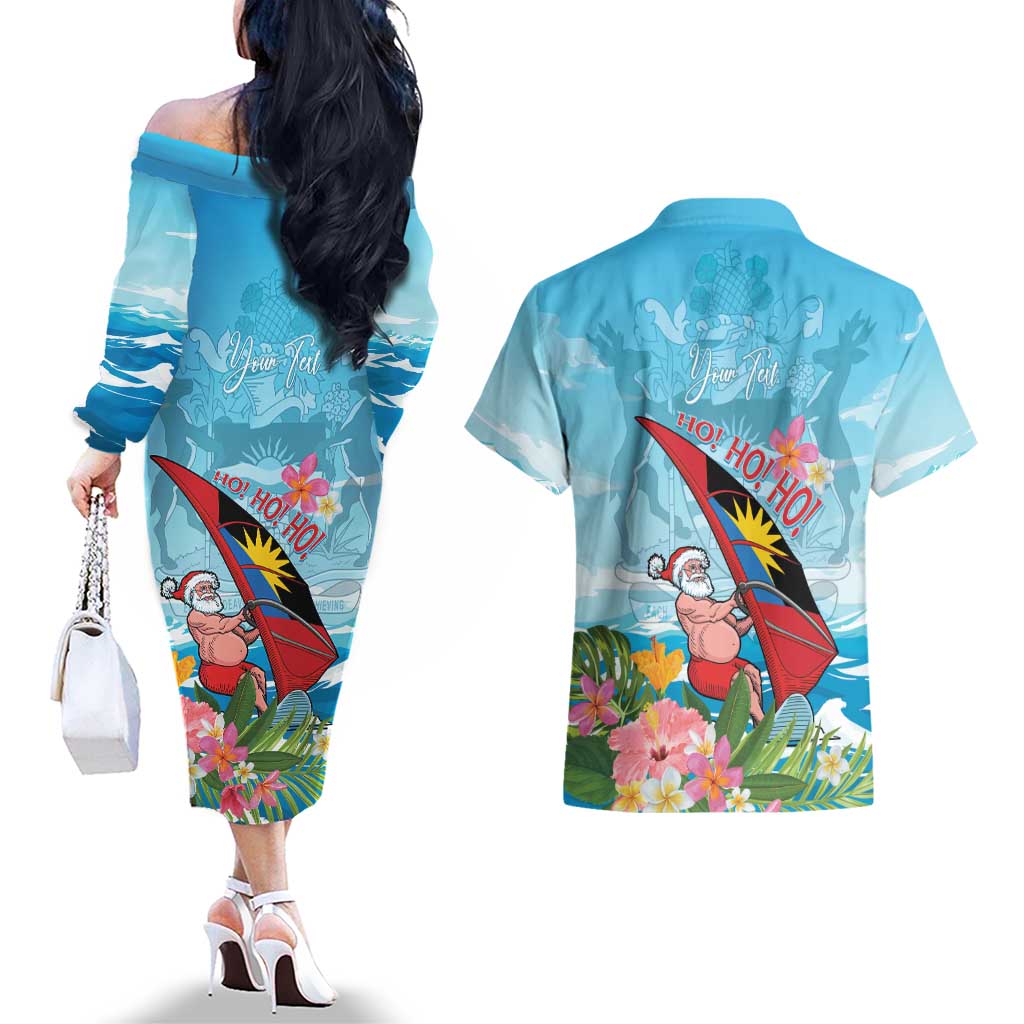 Personalized Antigua and Barbuda Christmas Couples Matching Off The Shoulder Long Sleeve Dress and Hawaiian Shirt Windsurfing Santa Caribbean Tropical Style - Wonder Print Shop