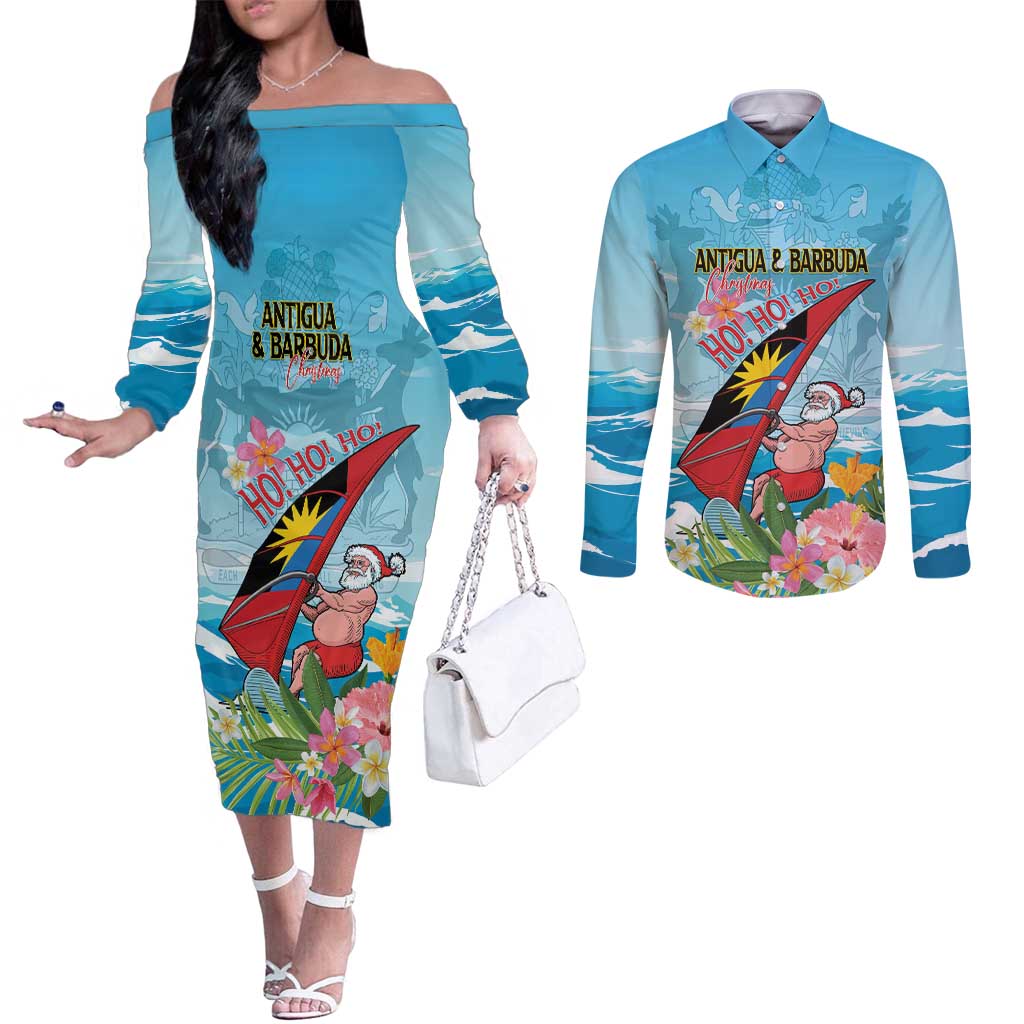 Personalized Antigua and Barbuda Christmas Couples Matching Off The Shoulder Long Sleeve Dress and Long Sleeve Button Shirt Windsurfing Santa Caribbean Tropical Style - Wonder Print Shop