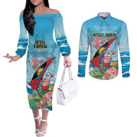 Personalized Antigua and Barbuda Christmas Couples Matching Off The Shoulder Long Sleeve Dress and Long Sleeve Button Shirt Windsurfing Santa Caribbean Tropical Style - Wonder Print Shop