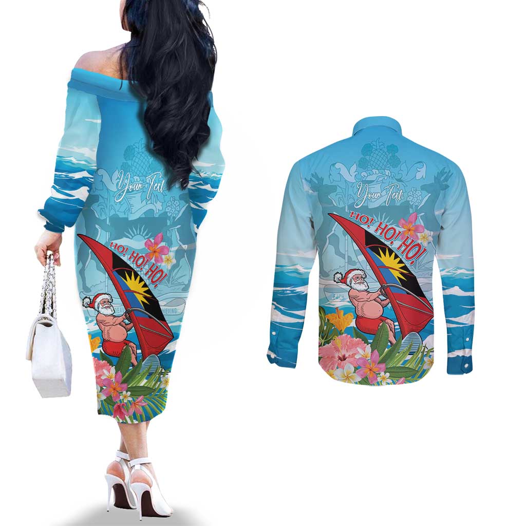 Personalized Antigua and Barbuda Christmas Couples Matching Off The Shoulder Long Sleeve Dress and Long Sleeve Button Shirt Windsurfing Santa Caribbean Tropical Style - Wonder Print Shop