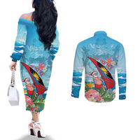 Personalized Antigua and Barbuda Christmas Couples Matching Off The Shoulder Long Sleeve Dress and Long Sleeve Button Shirt Windsurfing Santa Caribbean Tropical Style - Wonder Print Shop