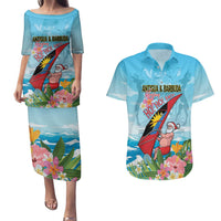 Personalized Antigua and Barbuda Christmas Couples Matching Puletasi and Hawaiian Shirt Windsurfing Santa Caribbean Tropical Style - Wonder Print Shop