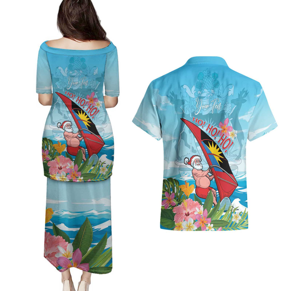 Personalized Antigua and Barbuda Christmas Couples Matching Puletasi and Hawaiian Shirt Windsurfing Santa Caribbean Tropical Style - Wonder Print Shop