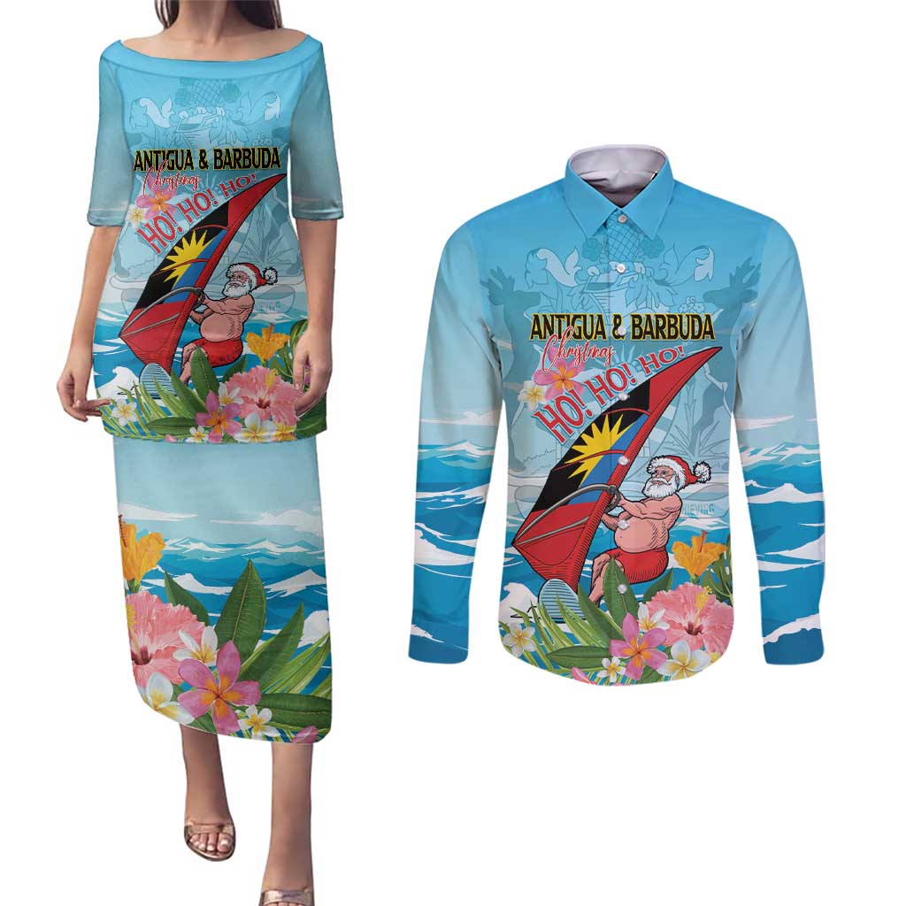 Personalized Antigua and Barbuda Christmas Couples Matching Puletasi and Long Sleeve Button Shirt Windsurfing Santa Caribbean Tropical Style - Wonder Print Shop