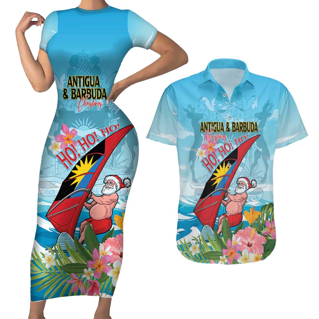 Personalized Antigua and Barbuda Christmas Couples Matching Short Sleeve Bodycon Dress and Hawaiian Shirt Windsurfing Santa Caribbean Tropical Style - Wonder Print Shop