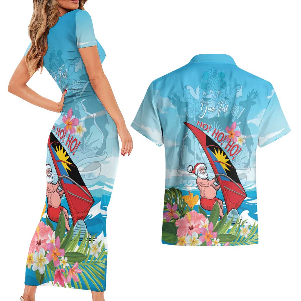 Personalized Antigua and Barbuda Christmas Couples Matching Short Sleeve Bodycon Dress and Hawaiian Shirt Windsurfing Santa Caribbean Tropical Style - Wonder Print Shop