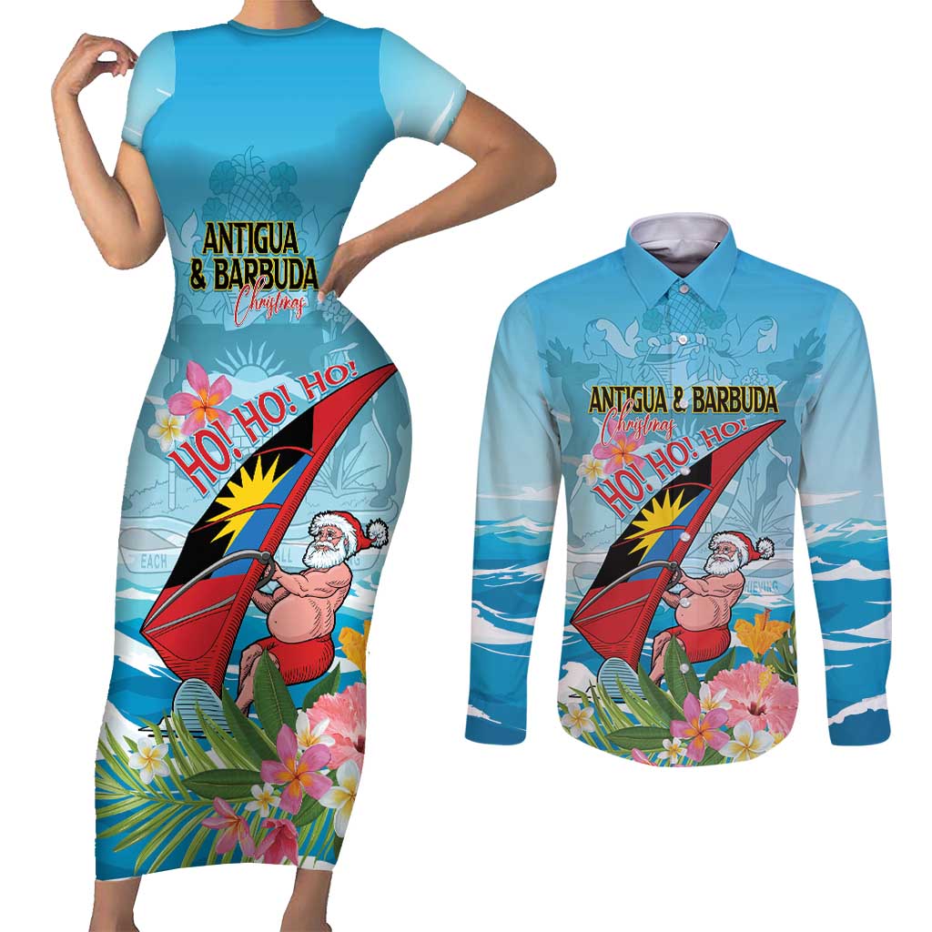 Personalized Antigua and Barbuda Christmas Couples Matching Short Sleeve Bodycon Dress and Long Sleeve Button Shirt Windsurfing Santa Caribbean Tropical Style - Wonder Print Shop