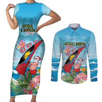 Personalized Antigua and Barbuda Christmas Couples Matching Short Sleeve Bodycon Dress and Long Sleeve Button Shirt Windsurfing Santa Caribbean Tropical Style - Wonder Print Shop