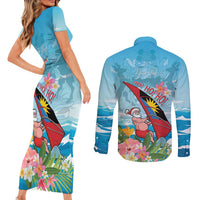Personalized Antigua and Barbuda Christmas Couples Matching Short Sleeve Bodycon Dress and Long Sleeve Button Shirt Windsurfing Santa Caribbean Tropical Style - Wonder Print Shop