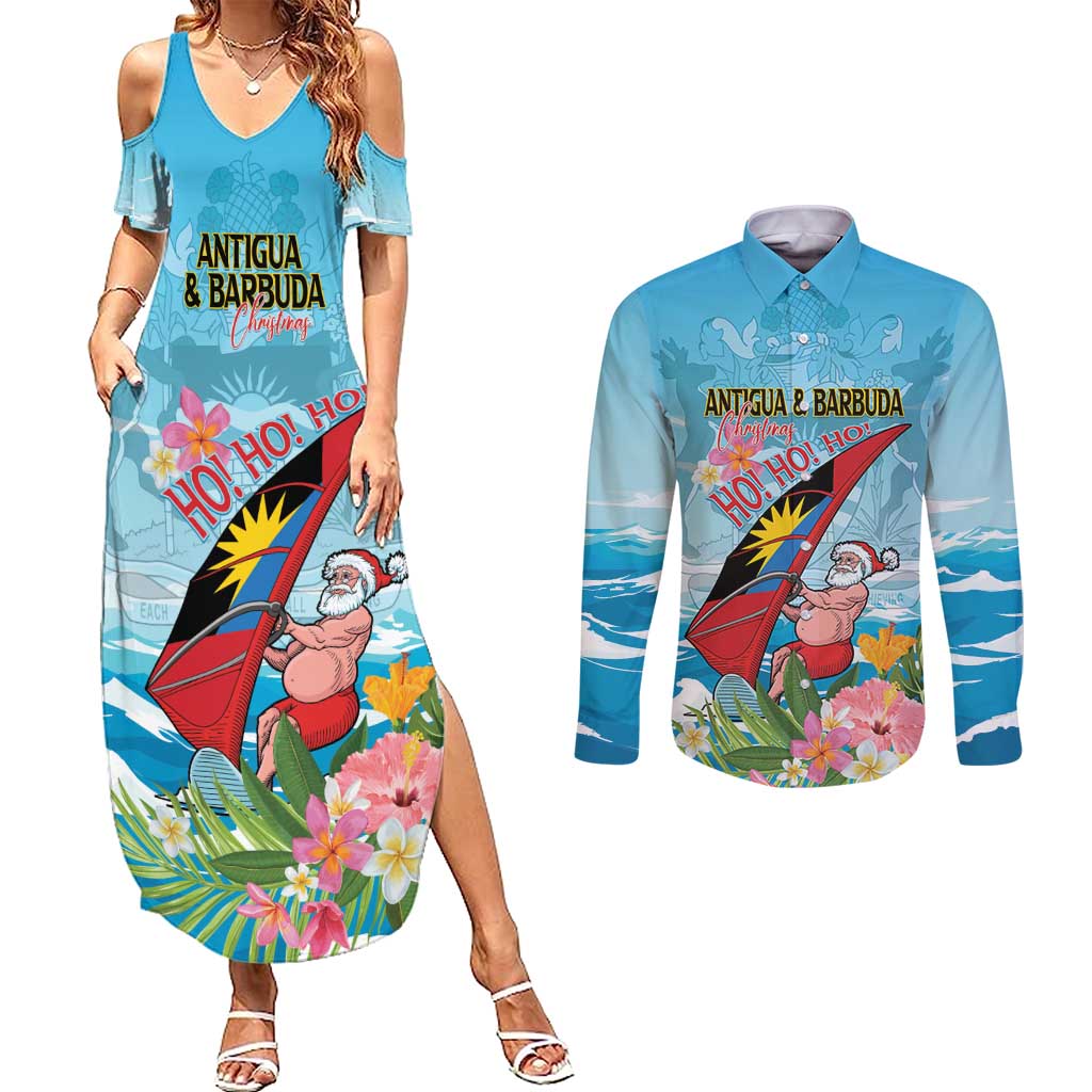 Personalized Antigua and Barbuda Christmas Couples Matching Summer Maxi Dress and Long Sleeve Button Shirt Windsurfing Santa Caribbean Tropical Style - Wonder Print Shop