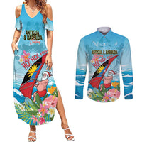 Personalized Antigua and Barbuda Christmas Couples Matching Summer Maxi Dress and Long Sleeve Button Shirt Windsurfing Santa Caribbean Tropical Style - Wonder Print Shop
