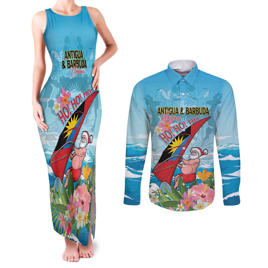 Personalized Antigua and Barbuda Christmas Couples Matching Tank Maxi Dress and Long Sleeve Button Shirt Windsurfing Santa Caribbean Tropical Style - Wonder Print Shop
