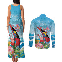 Personalized Antigua and Barbuda Christmas Couples Matching Tank Maxi Dress and Long Sleeve Button Shirt Windsurfing Santa Caribbean Tropical Style - Wonder Print Shop