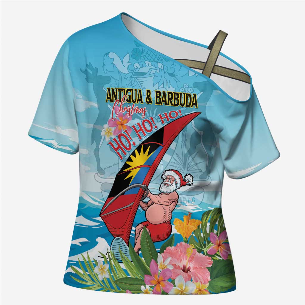 Personalized Antigua and Barbuda Christmas Cross Shoulder Shirt Windsurfing Santa Caribbean Tropical Style - Wonder Print Shop