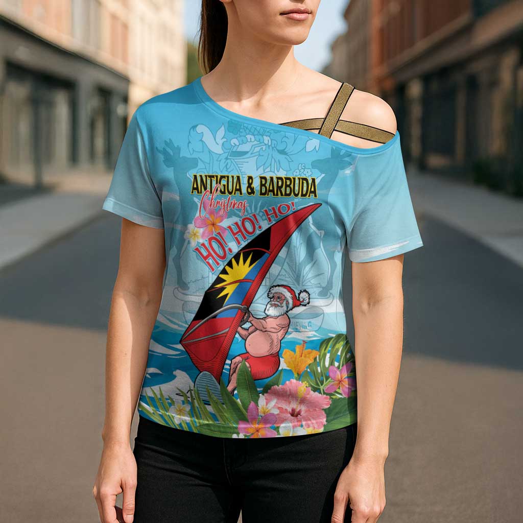 Personalized Antigua and Barbuda Christmas Cross Shoulder Shirt Windsurfing Santa Caribbean Tropical Style - Wonder Print Shop