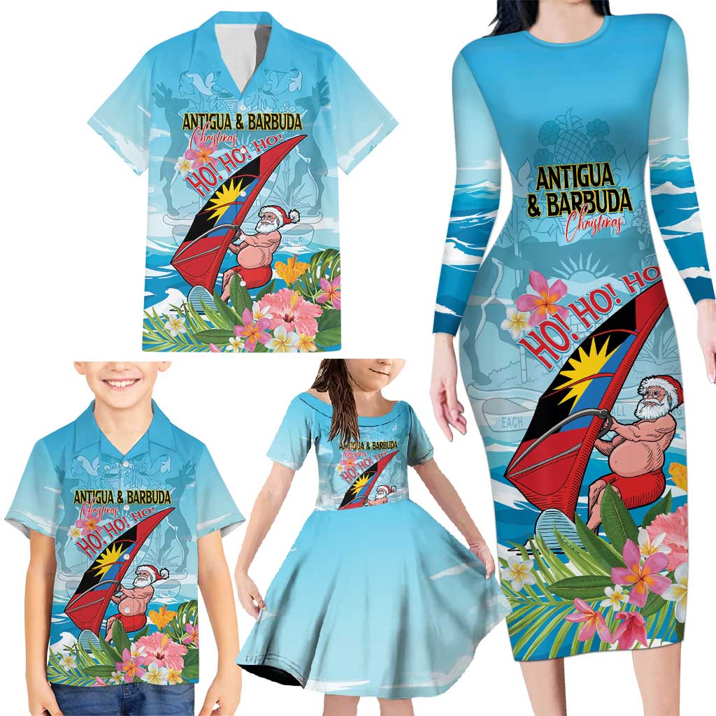 Personalized Antigua and Barbuda Christmas Family Matching Long Sleeve Bodycon Dress and Hawaiian Shirt Windsurfing Santa Caribbean Tropical Style - Wonder Print Shop