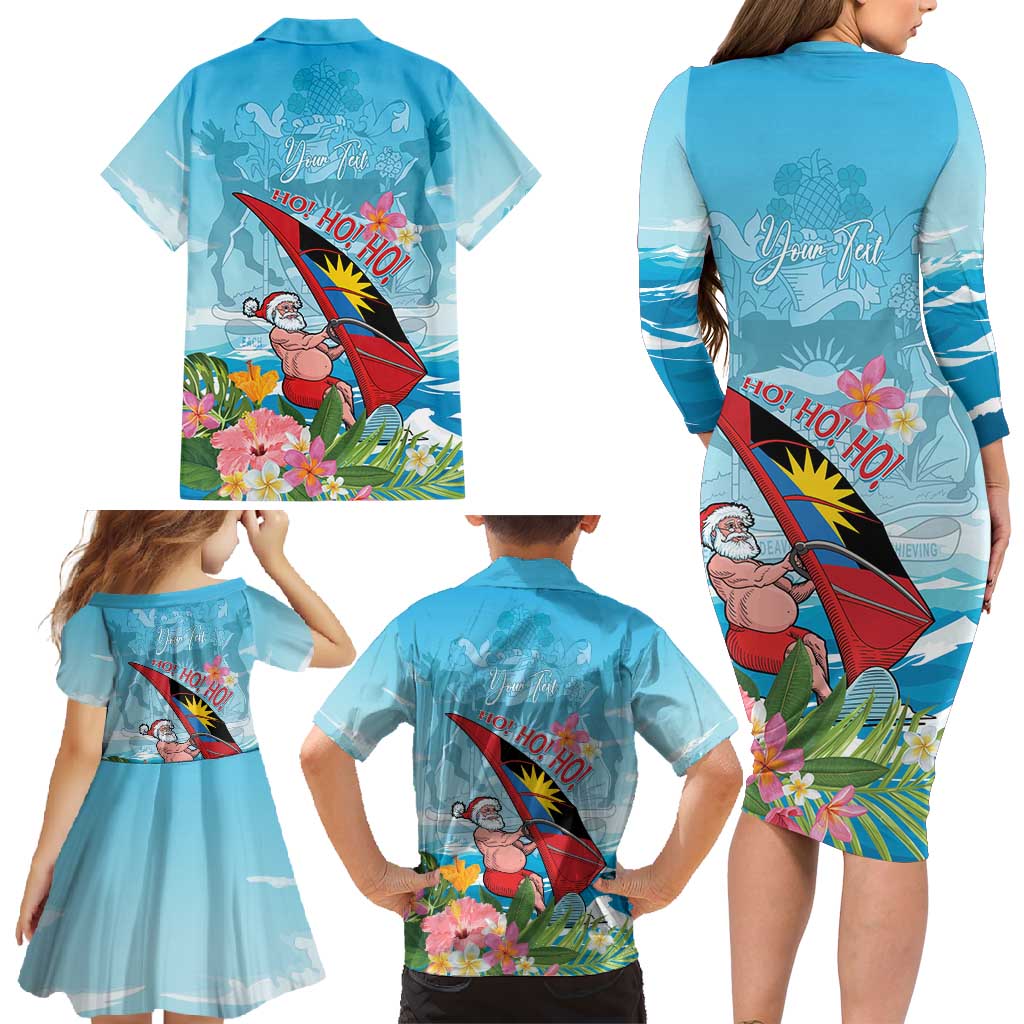 Personalized Antigua and Barbuda Christmas Family Matching Long Sleeve Bodycon Dress and Hawaiian Shirt Windsurfing Santa Caribbean Tropical Style - Wonder Print Shop