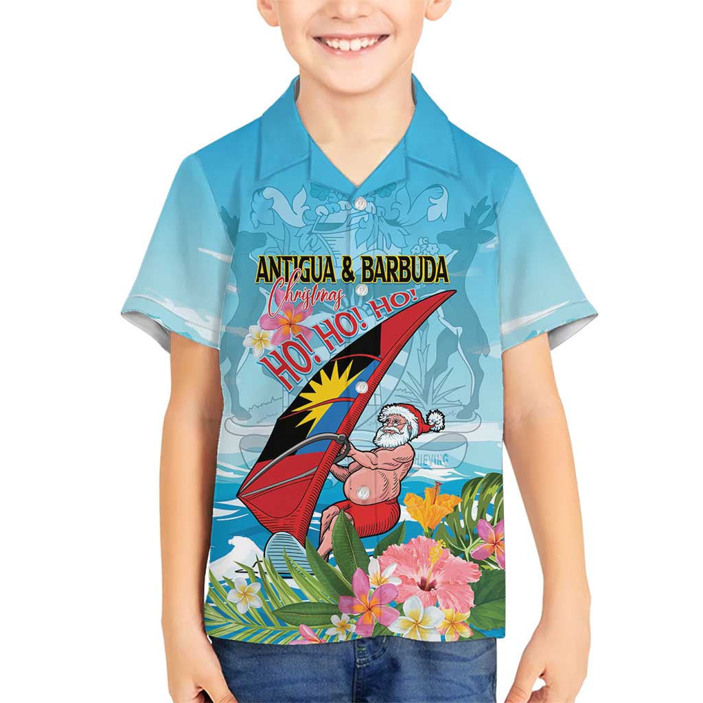 Personalized Antigua and Barbuda Christmas Family Matching Long Sleeve Bodycon Dress and Hawaiian Shirt Windsurfing Santa Caribbean Tropical Style - Wonder Print Shop