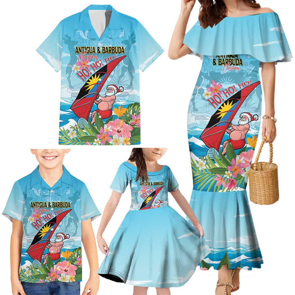 Personalized Antigua and Barbuda Christmas Family Matching Mermaid Dress and Hawaiian Shirt Windsurfing Santa Caribbean Tropical Style - Wonder Print Shop