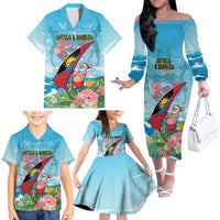 Personalized Antigua and Barbuda Christmas Family Matching Off The Shoulder Long Sleeve Dress and Hawaiian Shirt Windsurfing Santa Caribbean Tropical Style - Wonder Print Shop