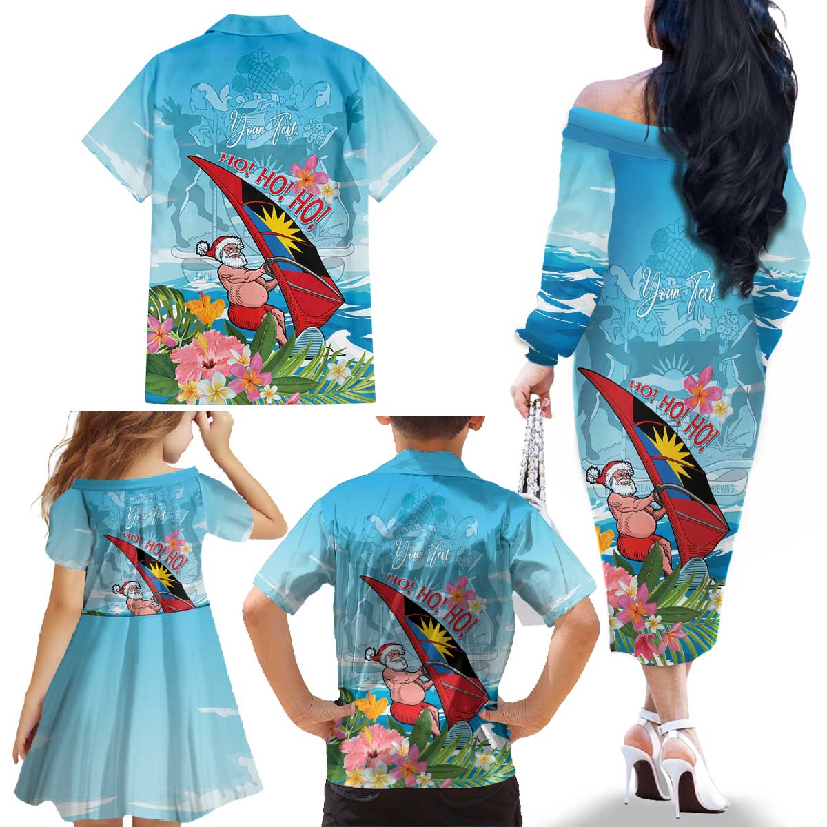 Personalized Antigua and Barbuda Christmas Family Matching Off The Shoulder Long Sleeve Dress and Hawaiian Shirt Windsurfing Santa Caribbean Tropical Style - Wonder Print Shop