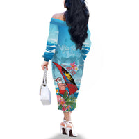 Personalized Antigua and Barbuda Christmas Family Matching Off The Shoulder Long Sleeve Dress and Hawaiian Shirt Windsurfing Santa Caribbean Tropical Style - Wonder Print Shop