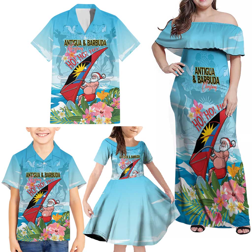 Personalized Antigua and Barbuda Christmas Family Matching Off Shoulder Maxi Dress and Hawaiian Shirt Windsurfing Santa Caribbean Tropical Style - Wonder Print Shop