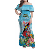 Personalized Antigua and Barbuda Christmas Family Matching Off Shoulder Maxi Dress and Hawaiian Shirt Windsurfing Santa Caribbean Tropical Style - Wonder Print Shop