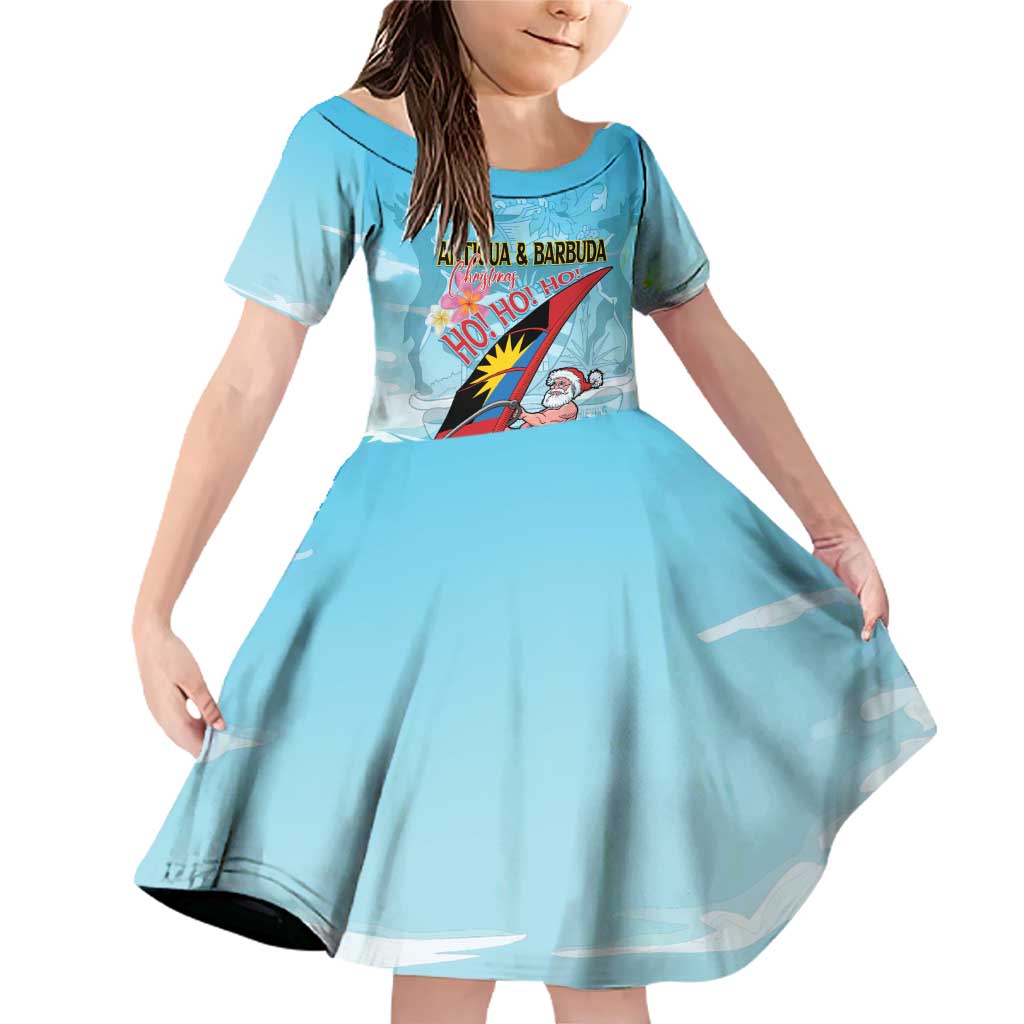 Personalized Antigua and Barbuda Christmas Family Matching Off Shoulder Short Dress and Hawaiian Shirt Windsurfing Santa Caribbean Tropical Style - Wonder Print Shop