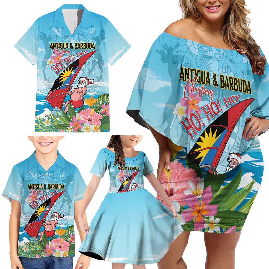 Personalized Antigua and Barbuda Christmas Family Matching Off Shoulder Short Dress and Hawaiian Shirt Windsurfing Santa Caribbean Tropical Style - Wonder Print Shop