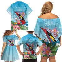 Personalized Antigua and Barbuda Christmas Family Matching Off Shoulder Short Dress and Hawaiian Shirt Windsurfing Santa Caribbean Tropical Style - Wonder Print Shop