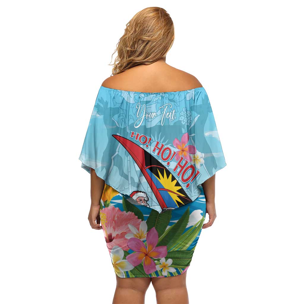 Personalized Antigua and Barbuda Christmas Family Matching Off Shoulder Short Dress and Hawaiian Shirt Windsurfing Santa Caribbean Tropical Style - Wonder Print Shop
