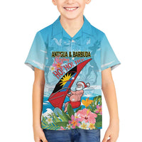 Personalized Antigua and Barbuda Christmas Family Matching Off Shoulder Short Dress and Hawaiian Shirt Windsurfing Santa Caribbean Tropical Style - Wonder Print Shop