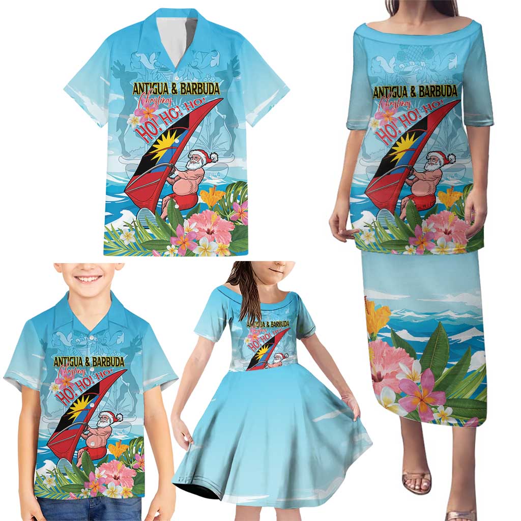 Personalized Antigua and Barbuda Christmas Family Matching Puletasi and Hawaiian Shirt Windsurfing Santa Caribbean Tropical Style - Wonder Print Shop