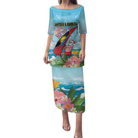 Personalized Antigua and Barbuda Christmas Family Matching Puletasi and Hawaiian Shirt Windsurfing Santa Caribbean Tropical Style - Wonder Print Shop