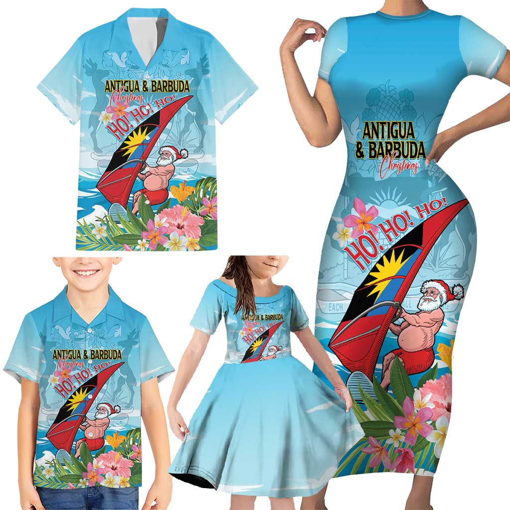 Personalized Antigua and Barbuda Christmas Family Matching Short Sleeve Bodycon Dress and Hawaiian Shirt Windsurfing Santa Caribbean Tropical Style - Wonder Print Shop