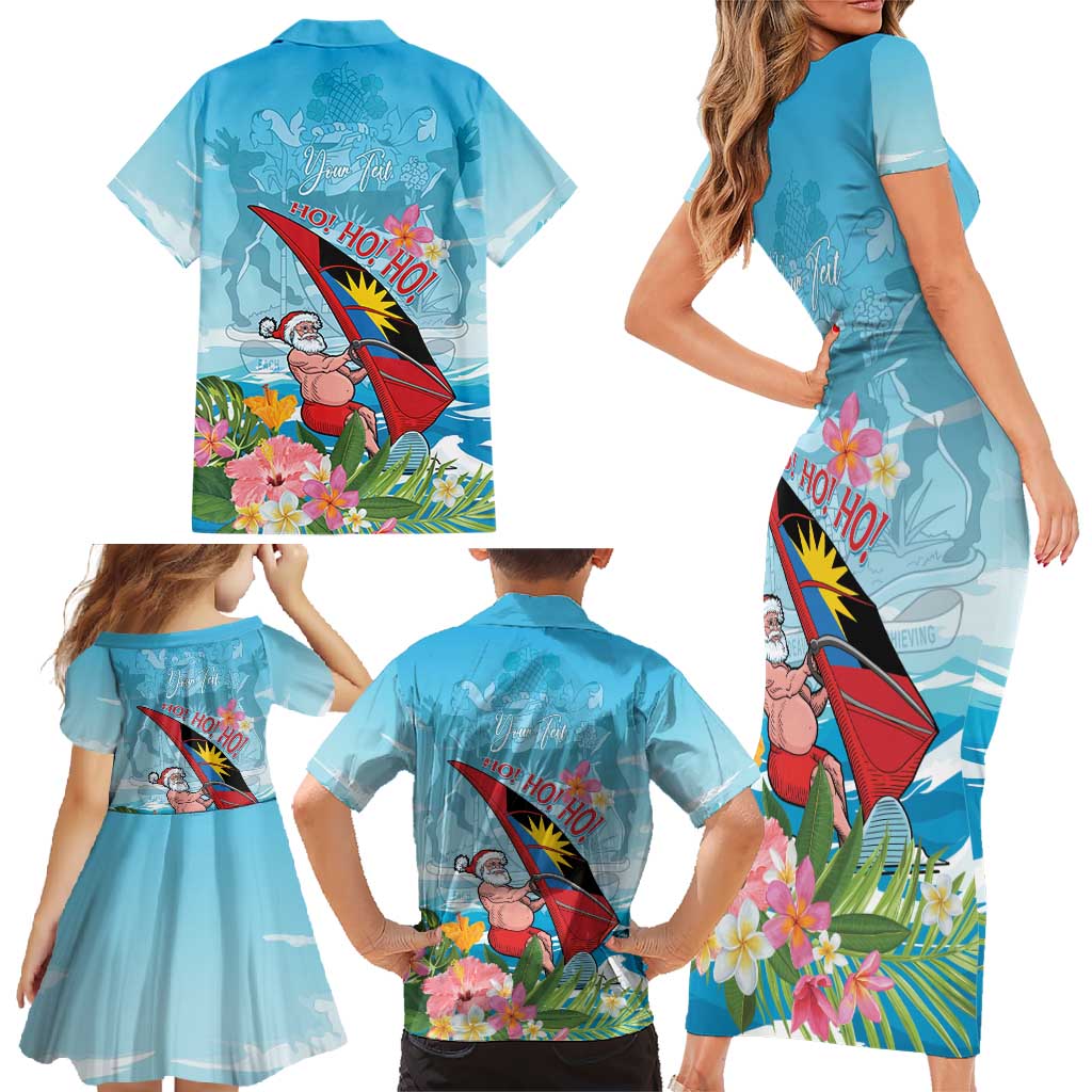 Personalized Antigua and Barbuda Christmas Family Matching Short Sleeve Bodycon Dress and Hawaiian Shirt Windsurfing Santa Caribbean Tropical Style - Wonder Print Shop