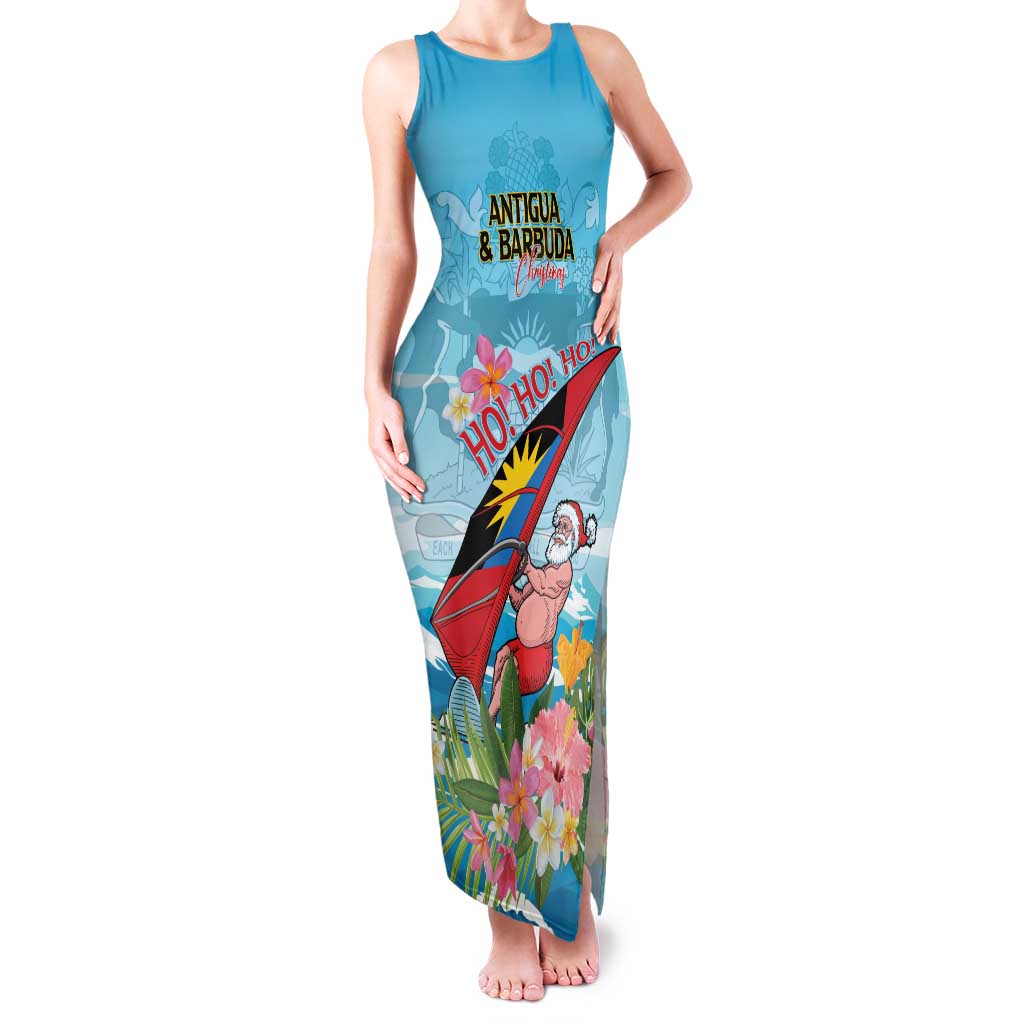 Personalized Antigua and Barbuda Christmas Family Matching Tank Maxi Dress and Hawaiian Shirt Windsurfing Santa Caribbean Tropical Style - Wonder Print Shop