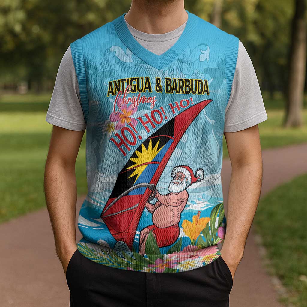Personalized Antigua and Barbuda Christmas Knitted V-Neck Vest Windsurfing Santa Caribbean Tropical Style - Wonder Print Shop