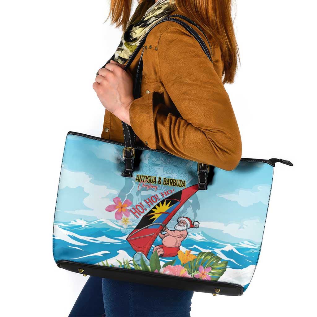Personalized Antigua and Barbuda Christmas Leather Tote Bag Windsurfing Santa Caribbean Tropical Style - Wonder Print Shop