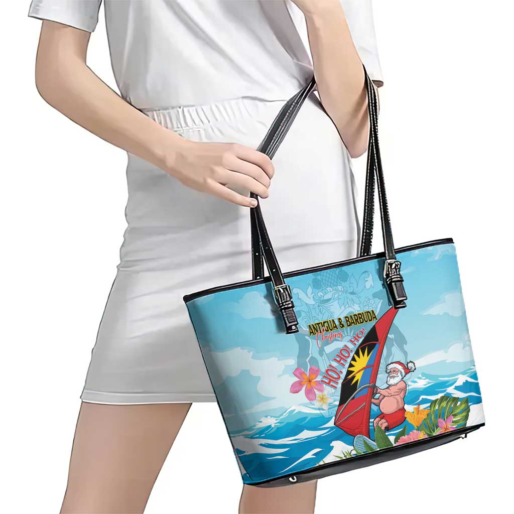 Personalized Antigua and Barbuda Christmas Leather Tote Bag Windsurfing Santa Caribbean Tropical Style - Wonder Print Shop